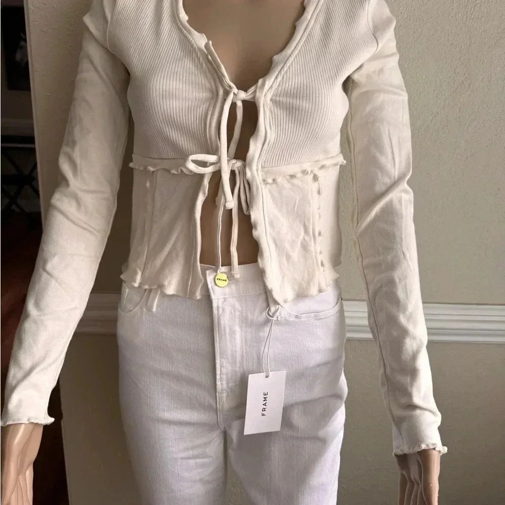Urban Outfitters Cream Tie Front Long Sleeve Top Size Small NWOT - Picture 2 of 8